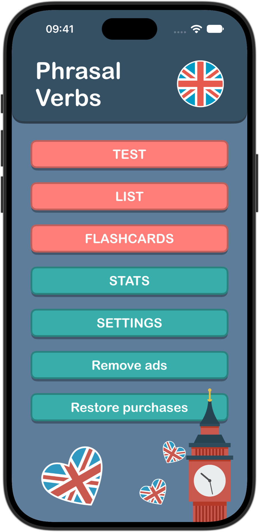 Phrasal Verbs home screen on iPhone 18 Pro, with Test, List, Flashcards, Stats and Settings